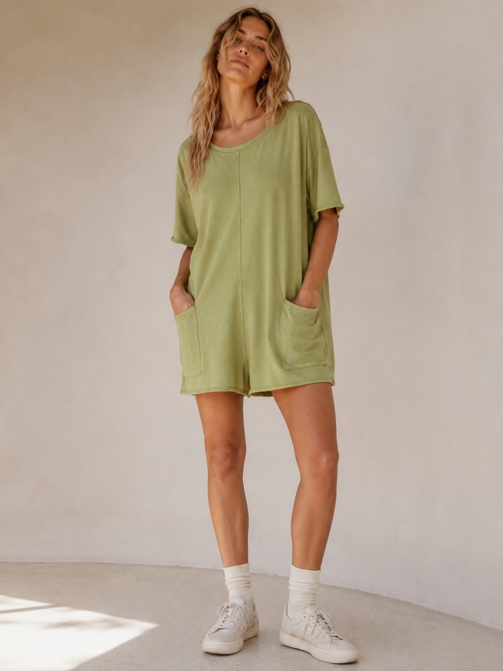 FP Movement Hot Shot Tee Romper Medium Sage Green Oversized Casual Athleisure